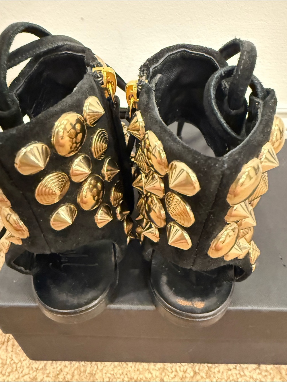 Giuseppe Zanotti Gold Studded Suede Gladiator Sandals Black Size 37.5 lace up - Picture 10 of 12